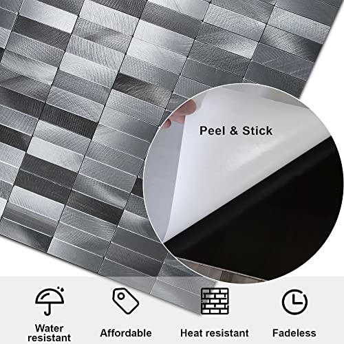 XUANINY Peel and Stick Tile Backsplash Self- Adhesive Wall Tiles Aluminum Mosaic Sticker for Kitchen (11.33"x11.92" Per Sheet, Pack of 5 pcs) (Long Silver Grey 5) - color: Long Silver Grey 5