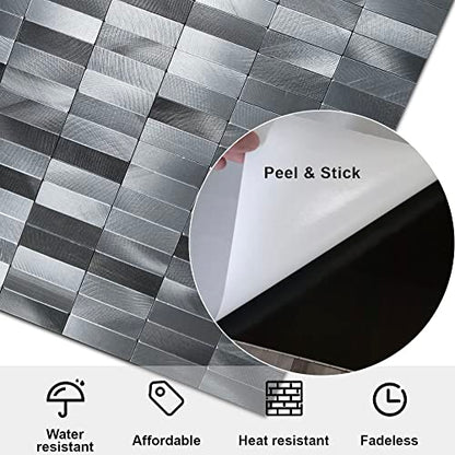 XUANINY Peel and Stick Tile Backsplash Self- Adhesive Wall Tiles Aluminum Mosaic Sticker for Kitchen (11.33"x11.92" Per Sheet, Pack of 5 pcs) (Long Silver Grey 5) - color: Long Silver Grey 5