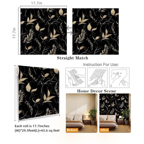 Dark Black and Gold Leaf Peel and Stick Wallpaper 17.7" x 354" - color: Black&Gold, size: 17.7" x 354"