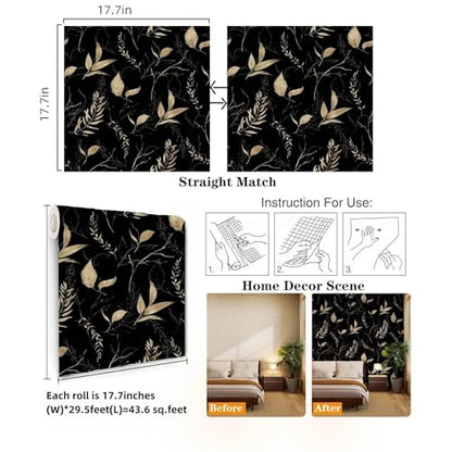 Dark Black and Gold Leaf Peel and Stick Wallpaper 17.7" x 354" - color: Black&Gold, size: 17.7" x 354"