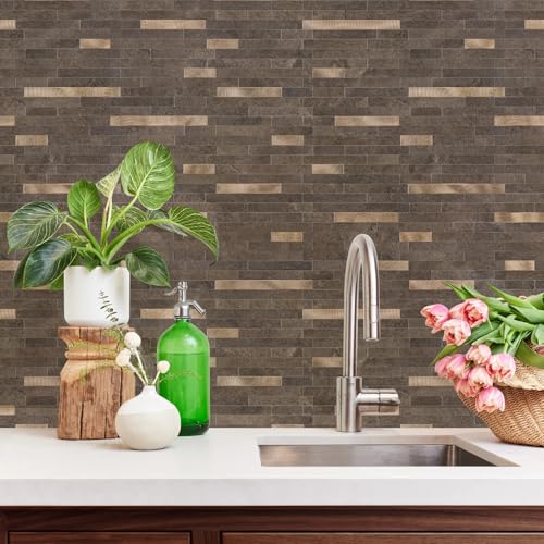 STICKGOO 20 Sheets Peel and Stick Backsplash Tile, Stick on Backsplash for Kitchen and Bathroom, Dark Brown Marble Look PVC Mixed Metal Gold Self Adhesive Wall Tiles - color: Dark Brown + Metal Gold