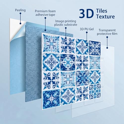 Arttown Peel and Stick 3D Wall Backsplash, 10-Sheet, 12" × 12" Cyan - color: Mediterranean, size: 10PC 12"x12"