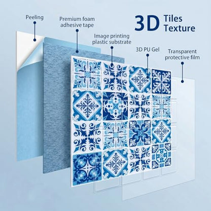 Arttown Peel and Stick 3D Wall Backsplash, 10-Sheet, 12" × 12" Cyan - color: Mediterranean, size: 10PC 12"x12"