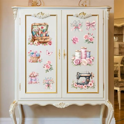 Peacoblue Pink Flowers, Sewing Rub On Transfers for Furniture Craft 6"x12" - style: Pink Flowers and Sewing