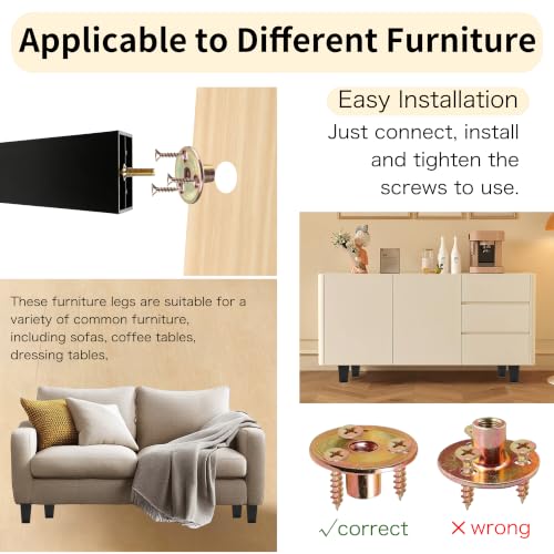 FabricJoy 12 Pack 6 Inch Plastic Furniture Legs Square Sofa Couch Legs Replacement Tapered Feet with M8 T-Nuts Screws for Legs Sofas Table Chairs Cabinets Dressers Beds - size: 6 inch