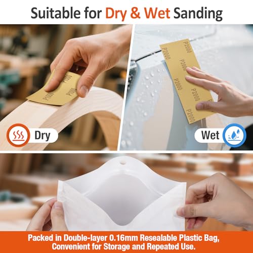 Sand Paper Assortment, 52 Sheets Assorted Grits 120/150/180/240/320/400/600/800/1000/1500/2000/2500/3000, 4 Sheets Each, 9 x 3.6 Inches, Dry & Wet Sanding, Abrasive Sanding Sheets
