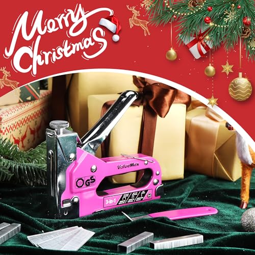 ValueMax Staple Gun, Heavy Duty 3-in-1 Manual Nail Gun with 2000 Staples, Remover, Upholstery Stapler for Wood, Furniture, Carpet, Carpentry, DIY, Wire, Decoration, Craft, Fixing Material, Decoration - style: Purple Red & 2000 Staples