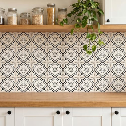 30 Count Moroccan Tile Decals 4 in – Self Adhesive Vinyl Wall Stickers, Waterproof Peel & Stick for Kitchen Backsplash, Bathroom, Stair Tread Accent, Neutral Tan/Black (Black) - color: Black