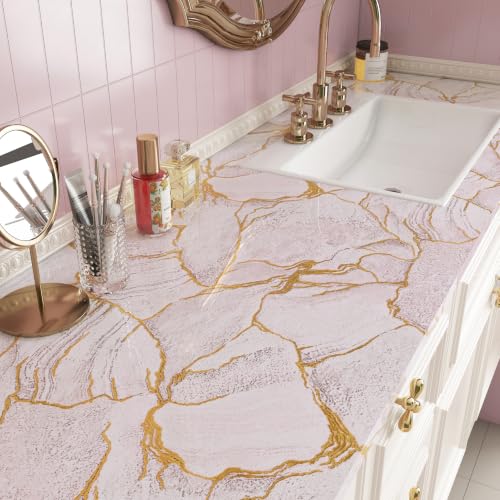 LaCheery 157"x24" Pink Marble Countertop Peel and Stick Wallpaper Kitchen Counter Contact Paper Marble Vinyl Wrap for Countertops Waterproof Renter Friendly Removable Bathroom Countertop Covering Roll - size: 24" x 157"