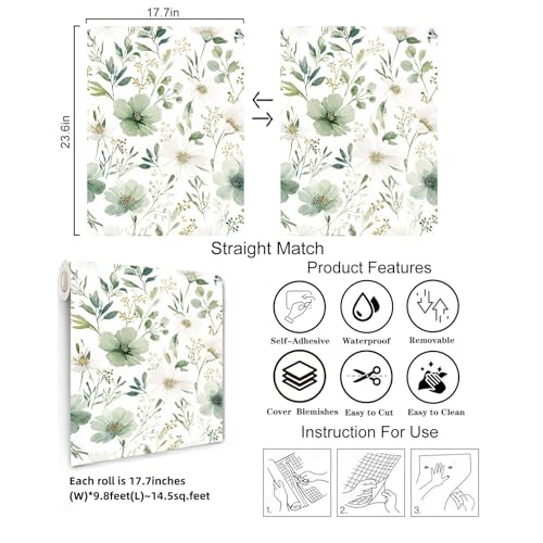 Sage Green Floral Peel and Stick Wallpaper 17.7" x 118" - color: Sage Green & White, size: 17.7" x 118"