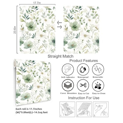 Sage Green Floral Peel and Stick Wallpaper 17.7" x 118" - color: Sage Green & White, size: 17.7" x 118"