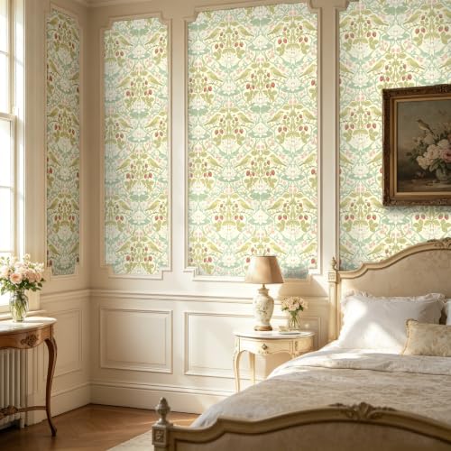 BOKEBEVE Bird Floral Wallpaper Peel Stick Beige Yellow Green 17.5 x 118In - color: Beige/Yellow, size: 17.5" x 118"