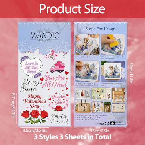 WANDIC 3 Sheets Rub On Transfer Stickers, Valentine's Day Text Waterproof Decals Furniture Craft Junk Journals for DIY Scrapbooking, 15 * 30cm - color: Pink, size: 3 Sheets