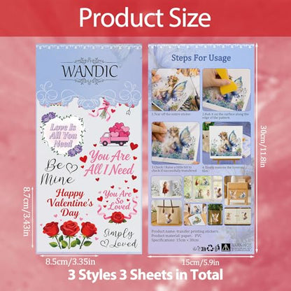 WANDIC 3 Sheets Rub On Transfer Stickers, Valentine's Day Text Waterproof Decals Furniture Craft Junk Journals for DIY Scrapbooking, 15 * 30cm - color: Pink, size: 3 Sheets