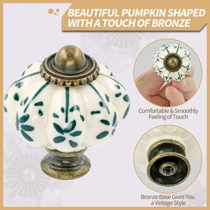12pcs Ceramic Pumpkin Knobs - Green Flower - style: Green Flower