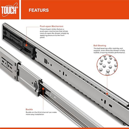 TOUCH Drawer Slides (1 Pair, 10 Inch 250mm) Push to Open Side Mount Ball Bearing 3 Folds Metal Rails Track Guide Glides Runners Heavy Duty Drawer Dresser Kitchen, 100 LB Capacity - color: PUSH-OPEN, size: 10" 250MM