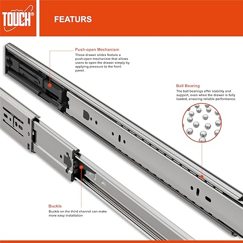 TOUCH Drawer Slides (1 Pair, 20 Inch 500mm) Push to Open Side Mount Ball Bearing 3 Folds Metal Rails Track Guide Glides Runners Heavy Duty Drawer Dresser Kitchen, 100 LB Capacity - color: PUSH-OPEN, size: 20" 500MM