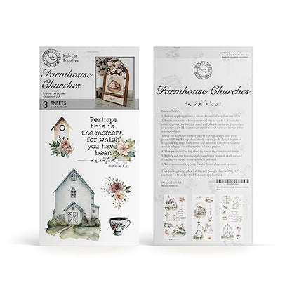 Rub on Transfers for Crafts and Furniture | 3 Design Sheets 6”x 12” | Home Decor Transfers | Furniture and Craft Decals | by Thymeless Designs (Farmhouse Churches) - style: Farmhouse Churches