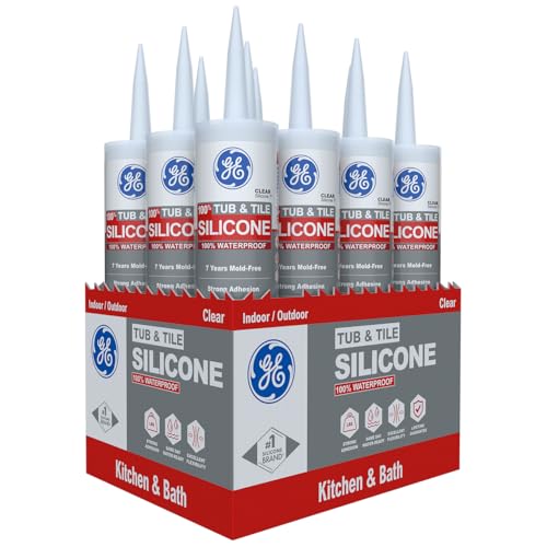 GE Tub and Tile Silicone Caulk for Kitchen and Bathroom -100% Waterproof Silicone Paste, Excellent Flexibility, Shrink and Crack Resistant - 10oz Cartridge, Clear, Pack of 12 - color: Clear, size: 12 Pack