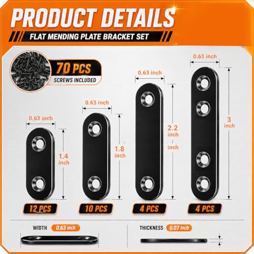 100PCS Stainless Steel Mending Plate,Heavy Duty Straight Metal Mending Plates, 4 Sizes (1.4”-2.7”) Flat Brackets for Wood Repair, Furniture, Joining, DIY Projects - size: 100PCS 4 Sizes plate Brackets-Black
