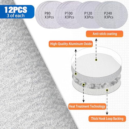 Drywall Corner Sander 9 Inch Hand Sanding Discs Sander Hook and Loop Backing Semi-Circular Angle Sanding Tool with 12PCS Round Sandpaper 80 100 120 240 Grit for Corners and Walls Cleaning Polishing