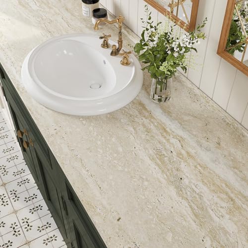 VEELIKE Beige Travertine Marble Contact Paper for Countertops Waterproof Peel and Stick Countertop Vinyl Wrap 24''x118'' Self Adhesive Removable Stone Marble Wallpaper for Counter Top Coves Kitchen - size: 24" x 118"