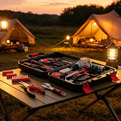 CARTMAN 150-Piece 8V Cordless Drill Hand Tool Set, Red Household Repair Kit - color: Red