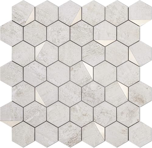 DICOFUN 1 Hexagon Tile Peel and Stick Backsplash, Beige Stone Look PVC Mixed Gold Metal Mosaic Tiles - color: Stone Beige + Gold Metal Chip, size: 1 Sheet, 12''x12''x0.12''