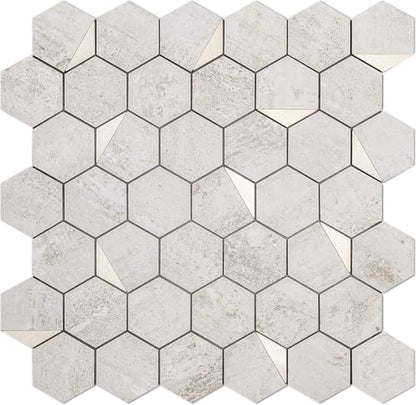 DICOFUN 1 Hexagon Tile Peel and Stick Backsplash, Beige Stone Look PVC Mixed Gold Metal Mosaic Tiles - color: Stone Beige + Gold Metal Chip, size: 1 Sheet, 12''x12''x0.12''
