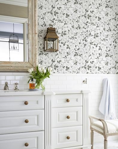 16.9in x118in Rose Floral Peel and Stick Wallpaper Gray Green Wallpaper - color: Gray Green Rose
