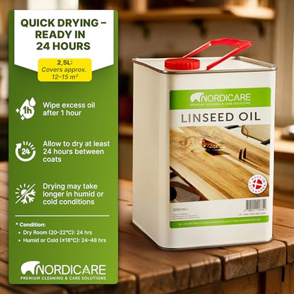 Nordicare Linseed Oil for Wood - 100% Pure & Natural Linseed Oil for Entire Indoor Area - Food-Safe Raw - Furniture - Underlines the Original Wood Structure - Made in Denmark 84.5oz - size: 2.5 L