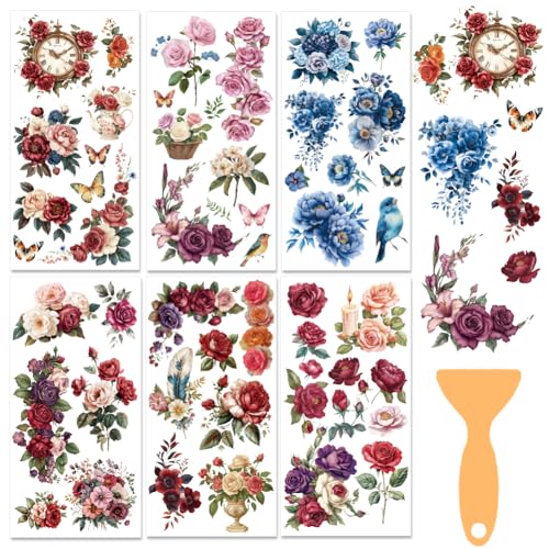 6 Sheets Flower Rub on Transfers for Crafts Vintage Floral Lock Butterfly Rub on Transfer Stickers for Furniture Wood Glass Scrapbook DIY Home Decor Window Decals Waterproof 6"x12" - style: Flower Collection