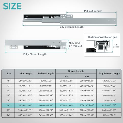 20 Inch Bottom Mount Soft Close Drawer Slides, 88 lbs Capacity - size: 20 Inch