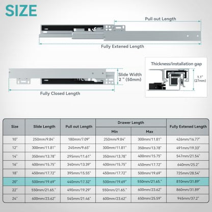20 Inch Bottom Mount Soft Close Drawer Slides, 88 lbs Capacity - size: 20 Inch