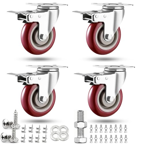 4 inch Casters Load 2400lbs -Includes 2 Sets of Adaptive Screws -Lockable Bearing Plate Heavy Duty Caster with Brakes, 360-degree Swivel for Furniture and Workbench Cart, Set of 4 - size: 4 inch Red