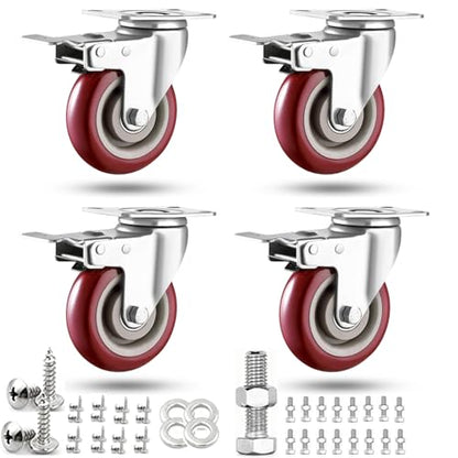 3 inch Casters Load 2000lbs -Includes Complete Screws Sets with Accessories -Lockable Bearing Plate Heavy Duty Caster with Brakes, 360-degree Swivel for Furniture and Workbench Cart, Set of 4 - size: 3 inch Red