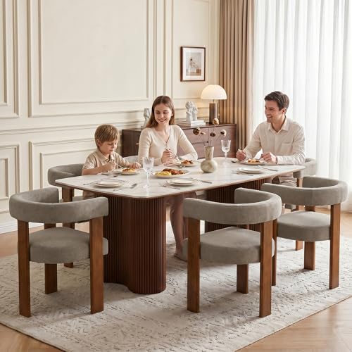 Usaint Wooden Barrel Dining Chairs Set of 6 with Walnut Wood Legs and Arm - color: Brown, size: Set of 6