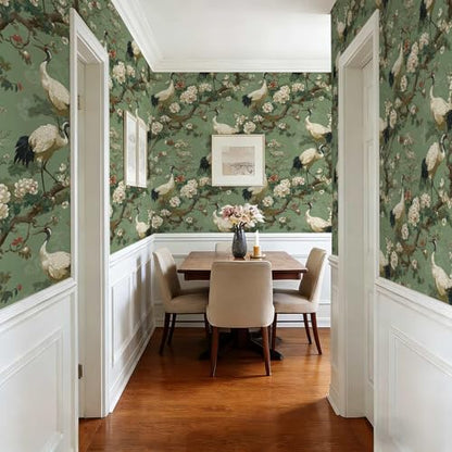 Chinoiserie Botanical Wallpaper, Crane Floral Peel and Stick Wallpaper - color: ML-M090, size: 17.7" x 236"
