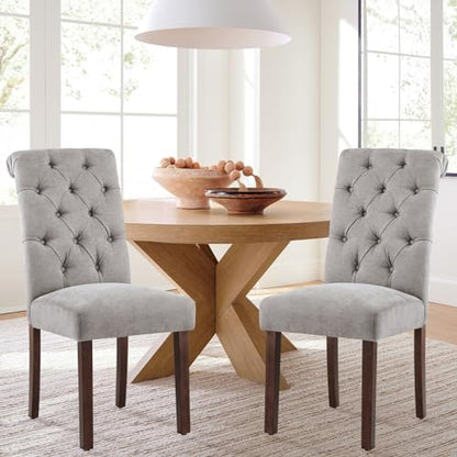 COLAMY Button Tufted Dining Chairs Set of 2, Parsons Upholstered Fabric Dining Room Chair Kitchen Chairs with Wood Legs and Padded Seat, Light Grey - color: Light Grey, size: set of 2