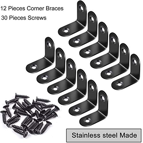 12pcs Black L Bracket Stainless Steel Corner Braces 30 x 30mm Heavy Duty Corner Right Angle Brackets Joint Fastener with 30pcs Screws for Wood Furniture Shelves Cabinet Drawer Chair