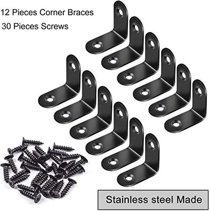 12pcs Black L Bracket Stainless Steel Corner Braces 30 x 30mm Heavy Duty Corner Right Angle Brackets Joint Fastener with 30pcs Screws for Wood Furniture Shelves Cabinet Drawer Chair