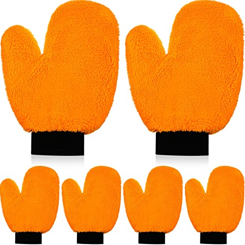 Remerry 6 Pcs Microfiber Mitts with Thumb for Cars Paint Wash Gloves Terry Weave Dusting Mitts - color: Orange