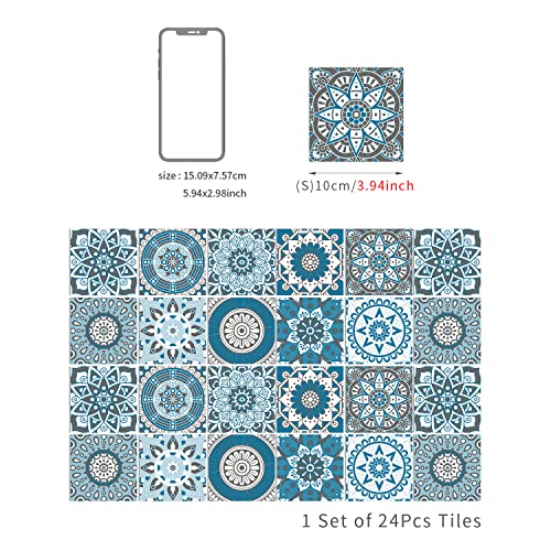 Easy Peel Stick Vinyl Moroccan Tile Decals 4x4in Stick on backsplash,24Pc - color: Cyan Mandala 3.93x3.93