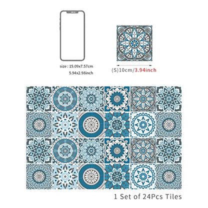 Easy Peel Stick Vinyl Moroccan Tile Decals 4x4in Stick on backsplash,24Pc - color: Cyan Mandala 3.93x3.93