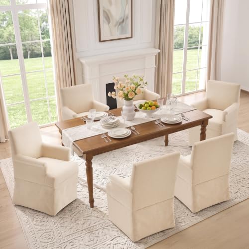 Arm Dining Chair Fabric Long Skirt Slipcovered High Back Upholstered Dinner - color: Beige, size: 1 PC