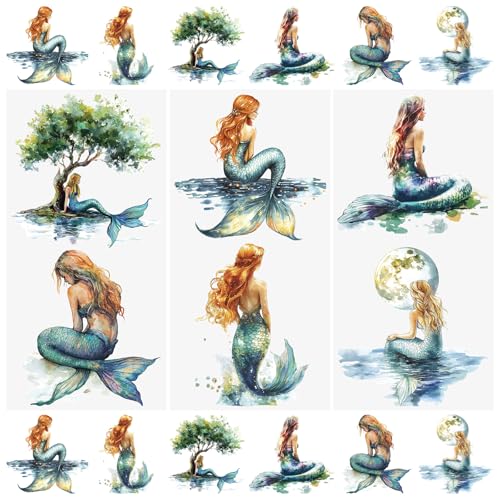 WANDIC 3 Sheets Rub on Transfers for Crafts,Retro Mermaid Theme Scrapbooking Stickers Furniture Transfers Journal Stickers Flower Pattern Decals for DIY Water Bottle Window,15 * 30cm - color: Retro Watercolor Mermaid