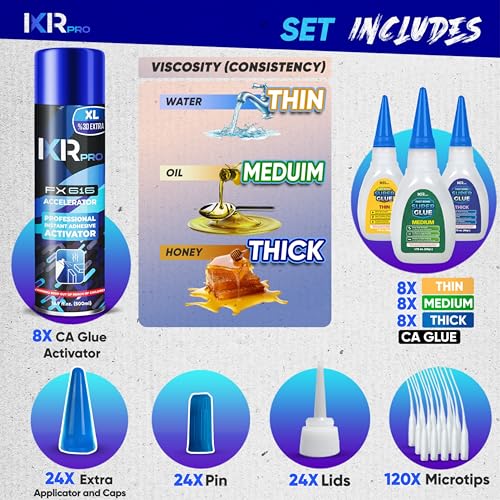 CA Glue with Activator 24x Thin Medium Thick Glue Kit 8X 16.9oz Accelerator - size: 8 Pack