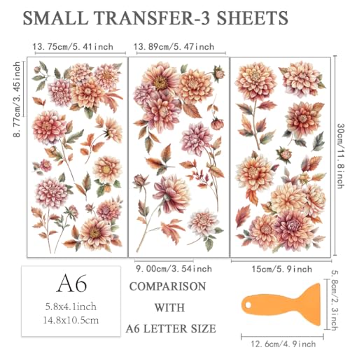 OLYCRAFT 3pcs/Set Dahlia Rub on Transfers for Crafts and Furniture 6x12 Inch Chrysanthemum Furniture Decals Transfer Stickers Rub on Decal with 1pc Scraper for Wood Furniture Home Decor - style: Dahlia