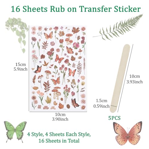 WANDIC 16 Sheets Rub On Transfer Stickers Set, 4 Styles Butterfly Flower Pattern Self Adhesive Stickers Blue Yellow Pink Green Decals for Scrapbook Journal,4 * 6in - style: Butterfly+Flower Theme