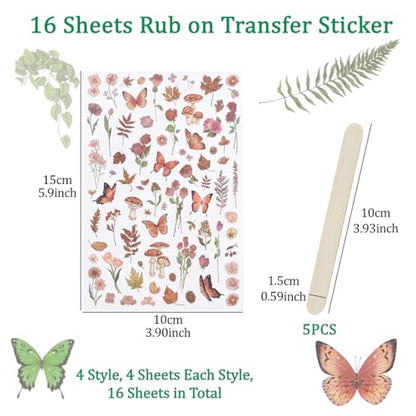 WANDIC 16 Sheets Rub On Transfer Stickers Set, 4 Styles Butterfly Flower Pattern Self Adhesive Stickers Blue Yellow Pink Green Decals for Scrapbook Journal,4 * 6in - style: Butterfly+Flower Theme